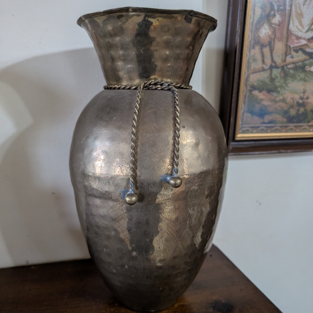 Large Vintage Hammered Solid Brass Vase with Braided Rope Tassels Victorian MCM